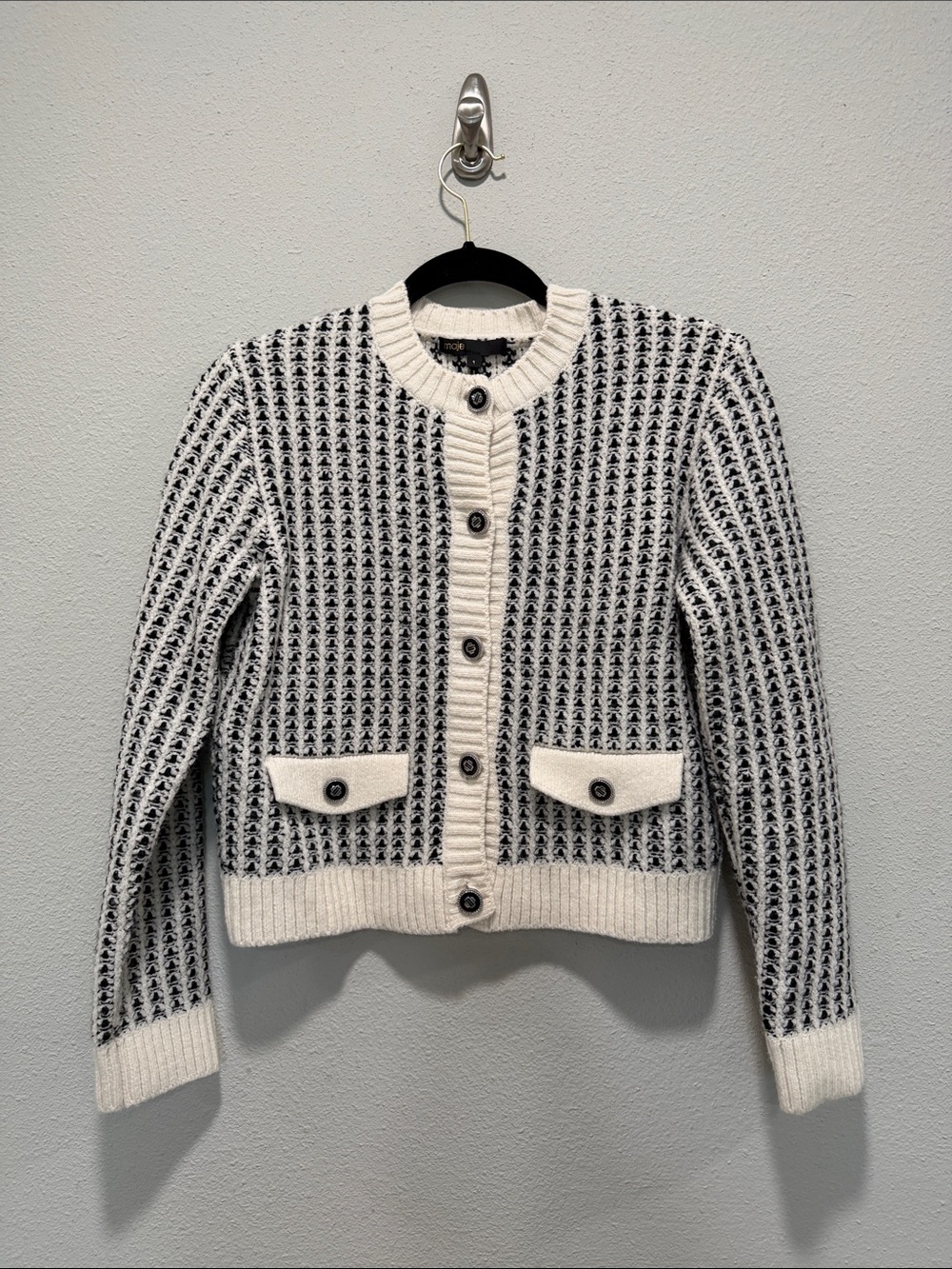 Maje Black and Cream Patterned Knit Cardigan